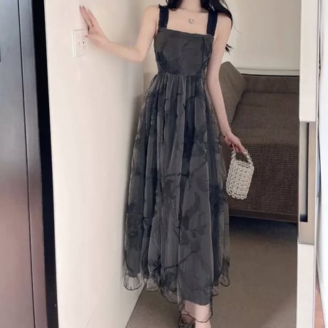 Black sheer flower long op