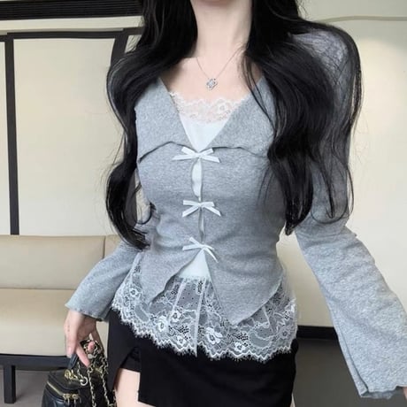 Ribbon Lace Layered Knit Top 5色