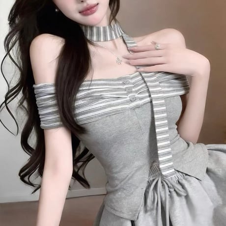 Stripe Tie Off-Shoulder Top 2色