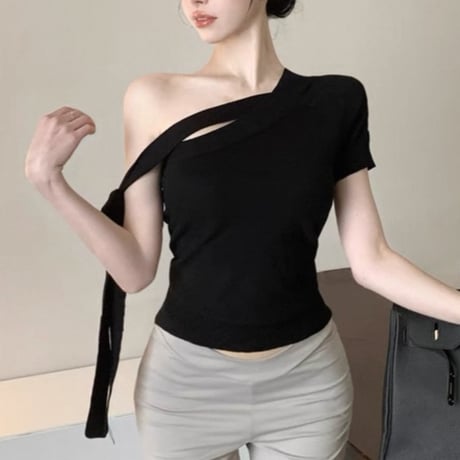 One shoulder ribbon tops 2色