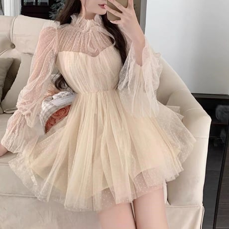 tulle ribbon dress op 2色