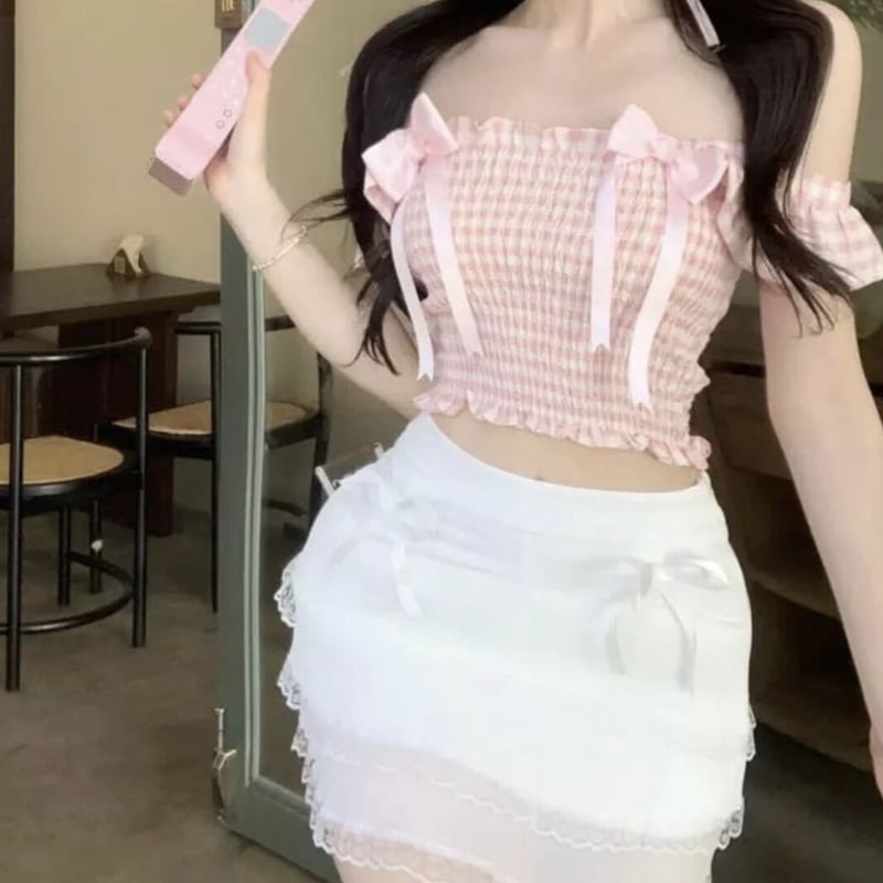 新品未使用　HONEY MEW ギンガムツインリボントップス　フリーサイズ 新品未使用 HONEY MEW ダブルリボンギンガムトップス F ブラック