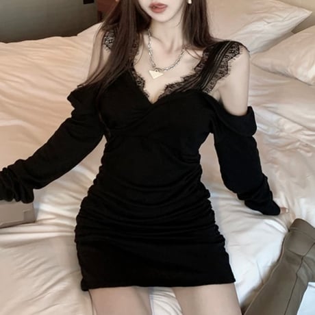 lace shoulder 長袖ワンピ 2色