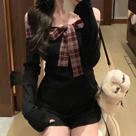 Plaid Ribbon Off Shoulder Knit Top 2色