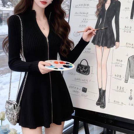 Ribbed Zip-Up Mini Dress 2色