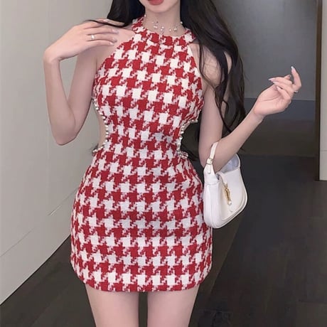 千鳥柄RED ウエストチラ見えワンピ