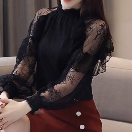 Flower lace sheer tops 3色