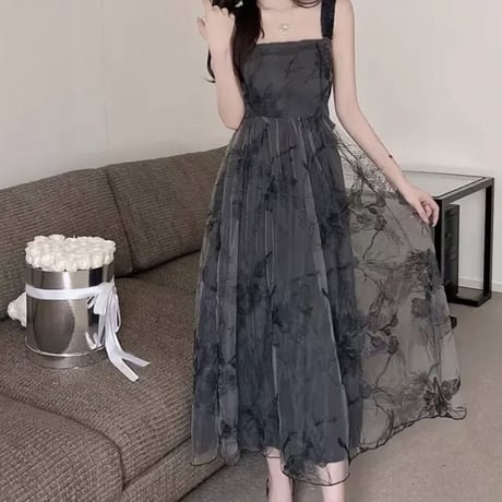 Black sheer flower long op