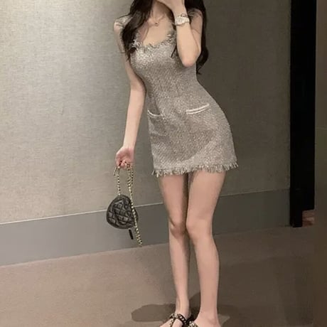 Gray fringe ノースリワンピ
