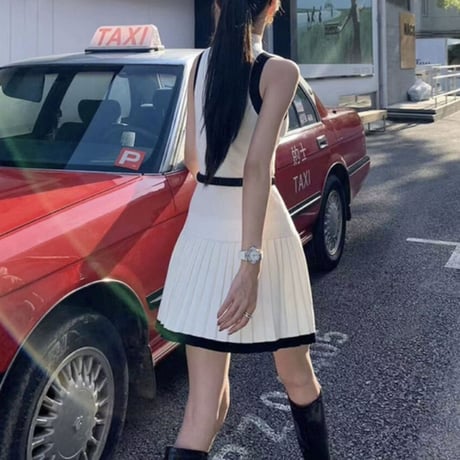 ベルト付きバイカラーハイネックワンピ