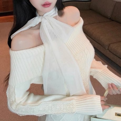 Ribbon Off Shoulder Knit Dress 3色