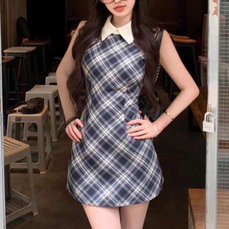 結城里華様♡なみめろ様ご着用♡ブルーチェック襟付きワンピ