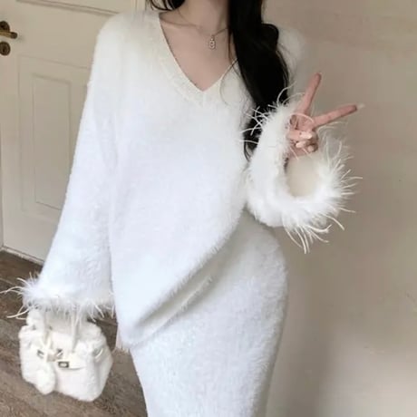 feather sleeve ホワイトセットアップ