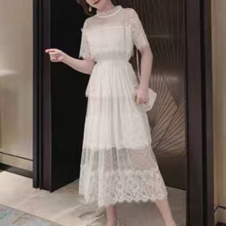 elegant lace 半袖 ワンピ 2色