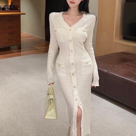 Elegant Tweed Knit Dress 4色