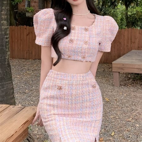 pink tweed 半袖セットアップ
