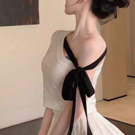 One shoulder ribbon tops 2色