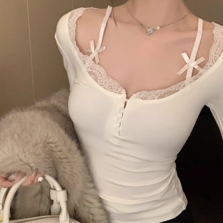 レース×リボン長袖トップス 2色