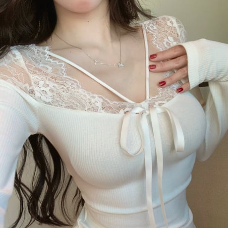 lace sexy長袖トップス 3色
