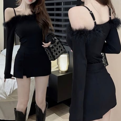 black fur オフショルトップス