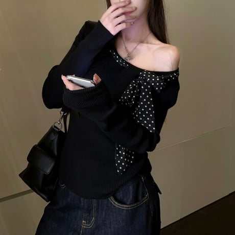ドット×リボン black トップス