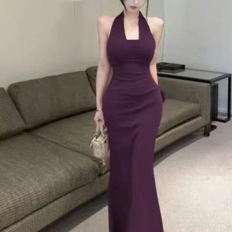 Back Jewel Halter Dress 3色