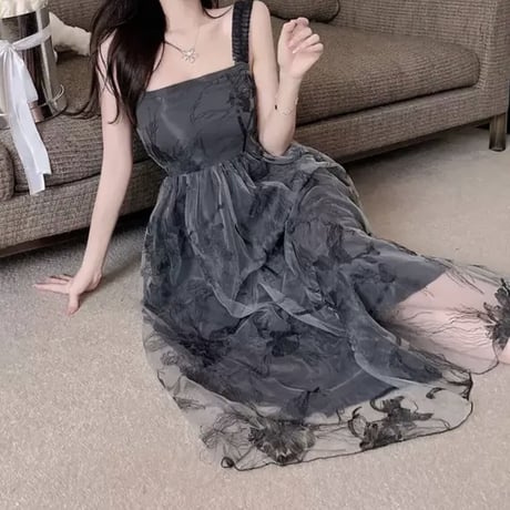 Black sheer flower long op