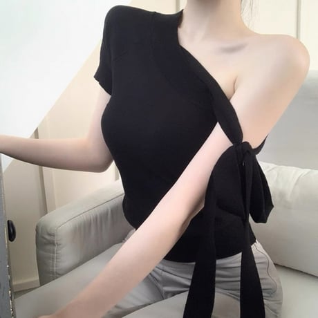 One shoulder ribbon tops 2色