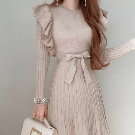 frill natural long onepiece 2色
