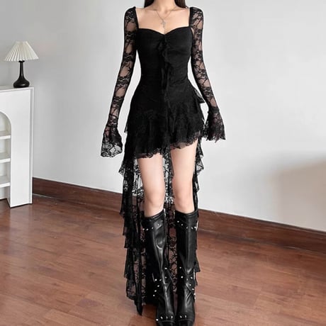 Asymmetry design lace dress 2色