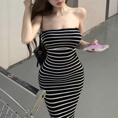 Border Knit Tube Onepiece 2色