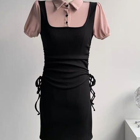 pink×black ハートボタンポロワンピ