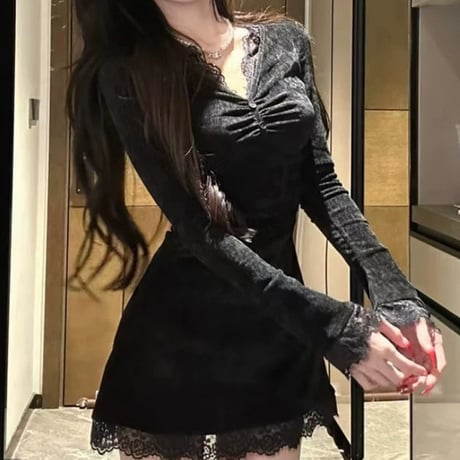 lace ドッキング長袖ワンピ 4色