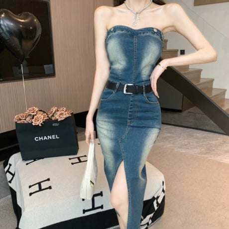 Denim slit long dress