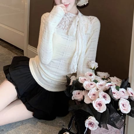 lace デコルテリボン トップス