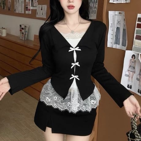 Ribbon Lace Layered Knit Top 5色