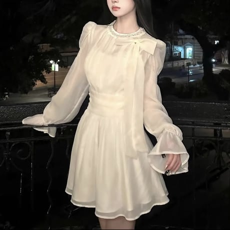 ビジューリボンシフォン長袖ワンピ