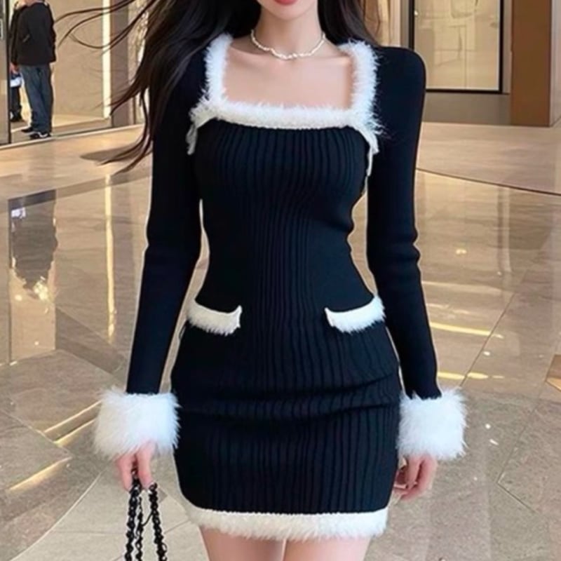 バイカラー裾ファーワンピ | ecrea