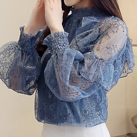 Flower lace sheer tops 3色