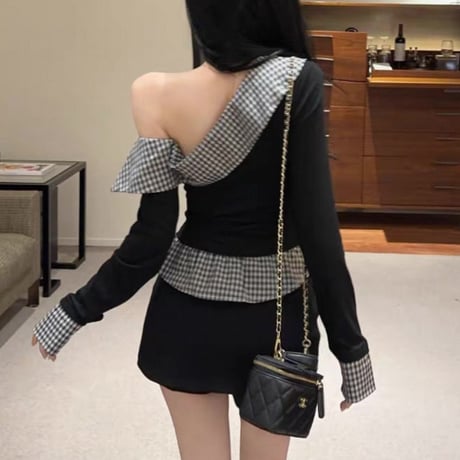 Off-Shoulder Check Accent Tops