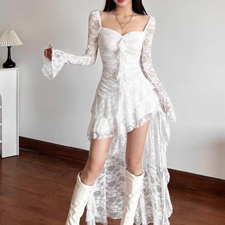 Asymmetry design lace dress 2色