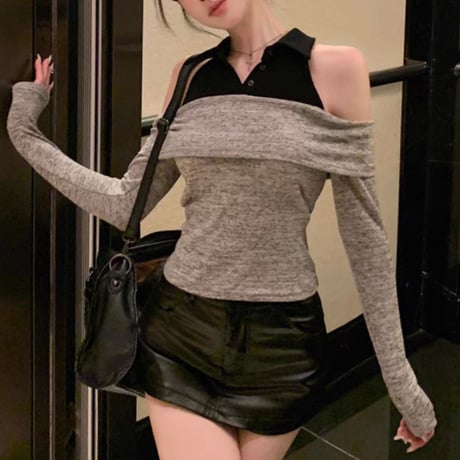 肩あき襟付きドッキングトップス