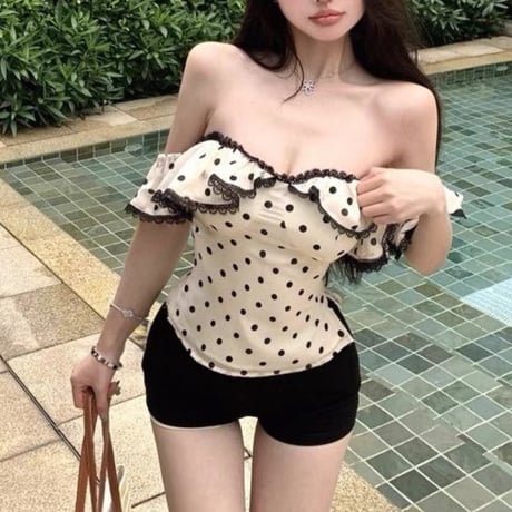 Dot frill off shoulder tops