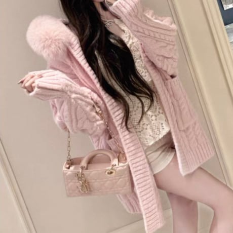 Fur Hood Long Knit Coat