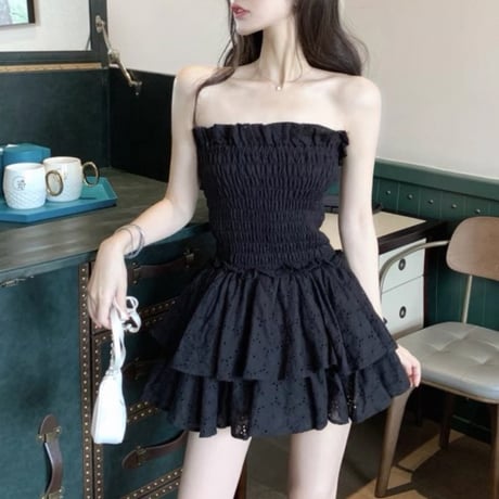 Shirring bare top dress 2色