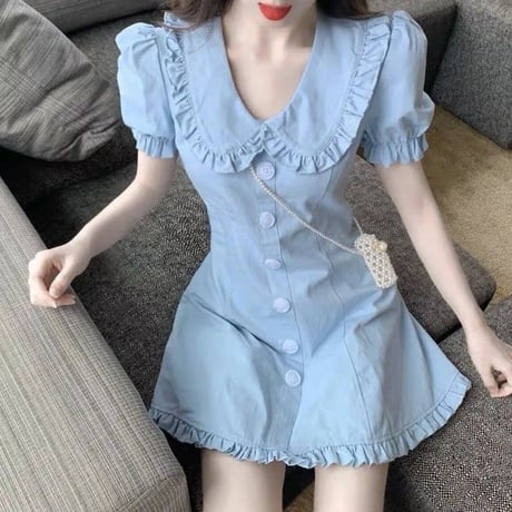 丸襟Blue半袖ワンピ