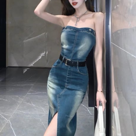 Denim slit long dress