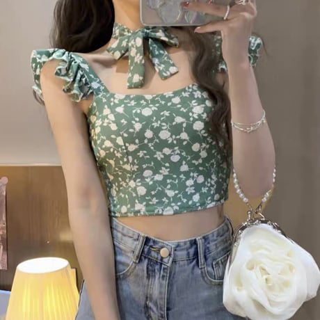flower frill ボウタイ付きトップス4色