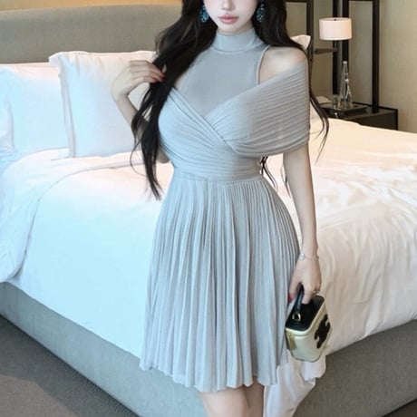 Mesh Shoulder Pleated Dress 2色
