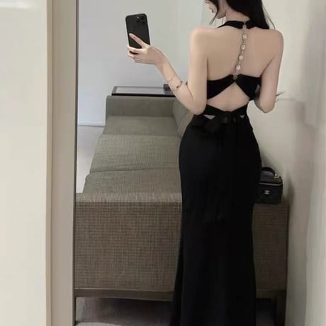 Back Jewel Halter Dress 3色